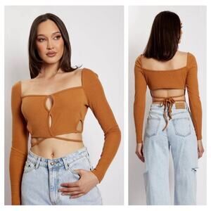 Meshki XS Janet Long Sleeve Cutout Top Ribbed Crop Tie Back Keyhole Y2K New S9
